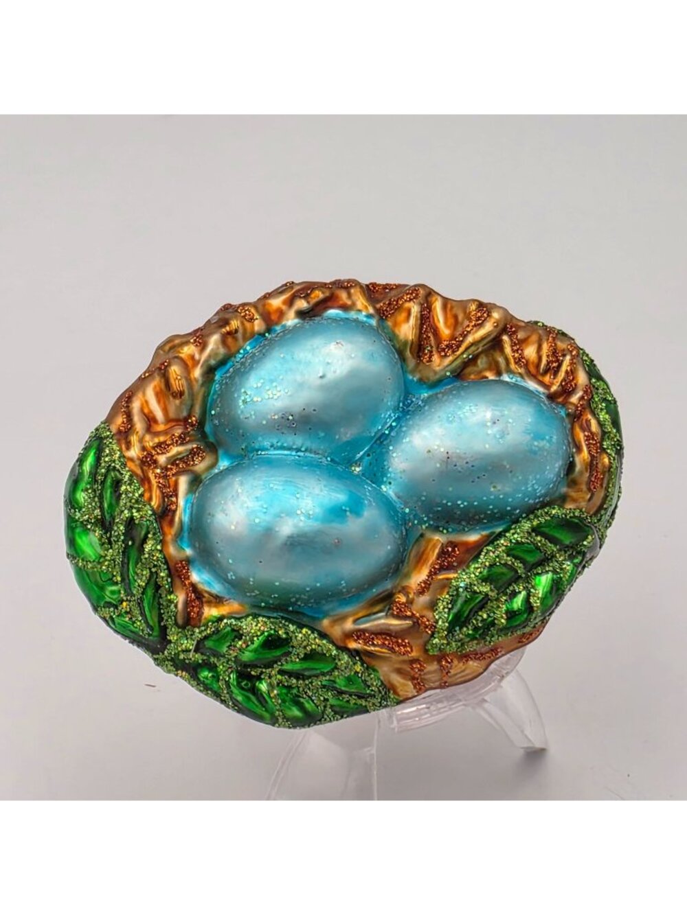 Hand-Painted Glass Birds Nest Ornament Glitter Accents Blue Eggs Green Leaves